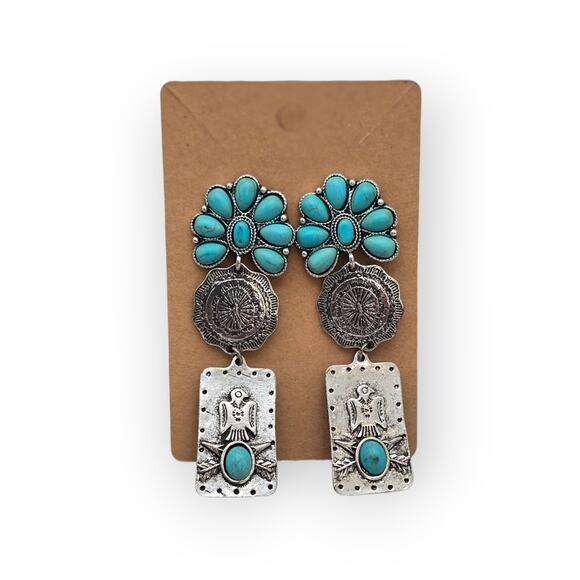 West & Co Turquoise Western Statement Earrings Silver Tone Dangle 3.5” - Picture 3 of 8